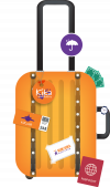 KiKa, koffer, tickets, paspoort, vliegticket. (excursie foto) bord met eten, naamkaartje, drinken, diner